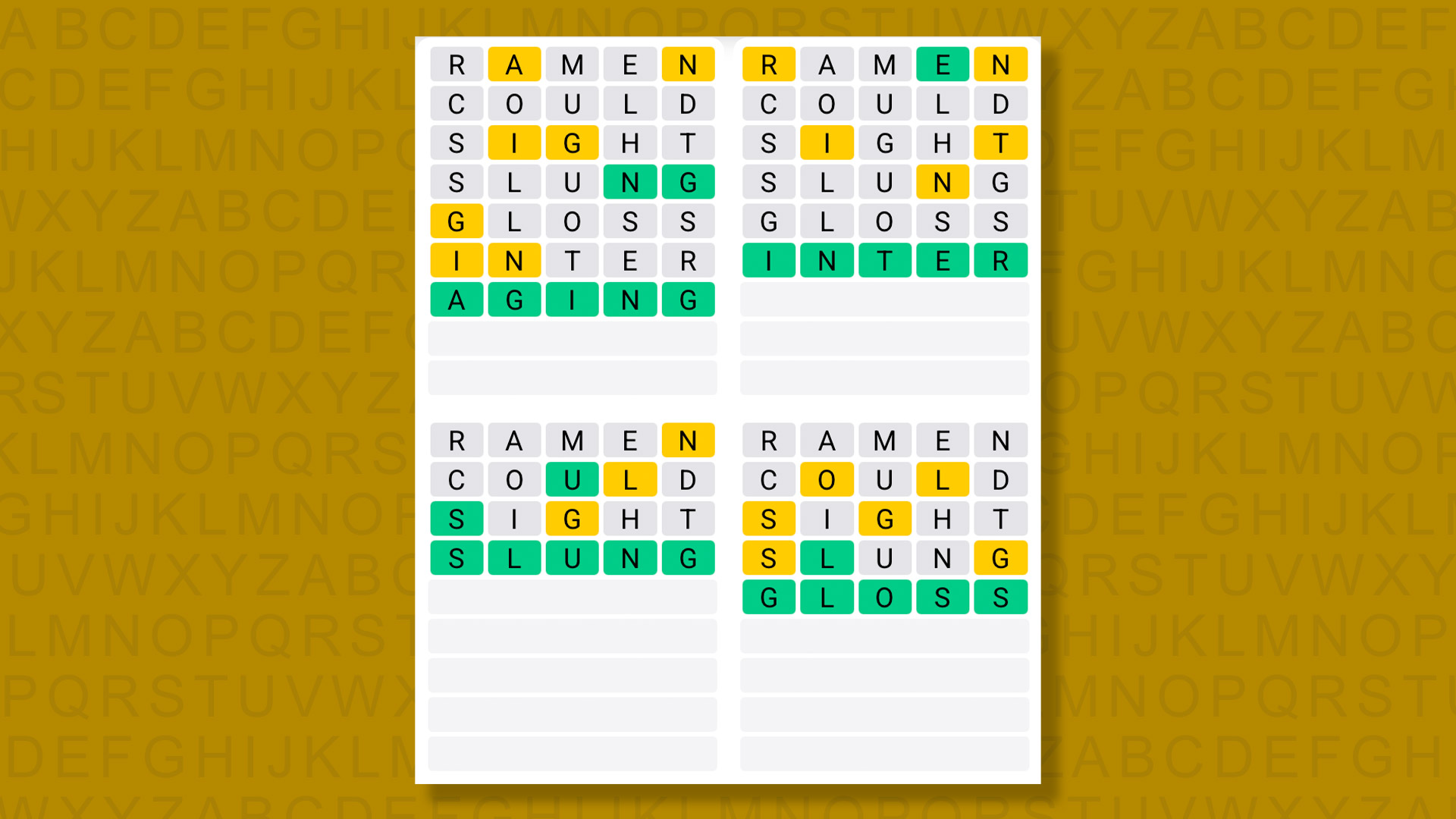 Quordle answers for game 1349 on a yellow background
