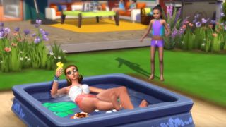 The Sims 4 cheats - a Sim relaxes in a small pool