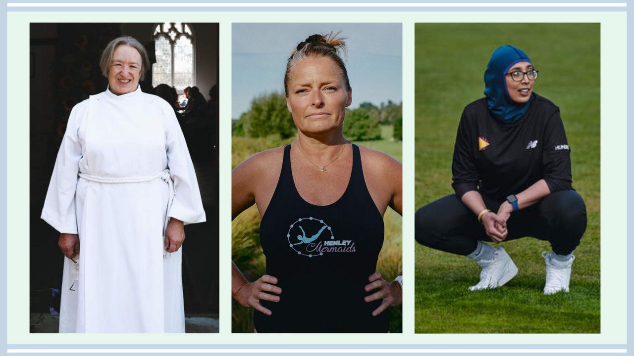 Headshots of Reverend Dr Brenda Wallace in vicar&#039;s clothing, Laura Reineke in her swimsuit, Sabah Hamed in modest sportswear and hijab