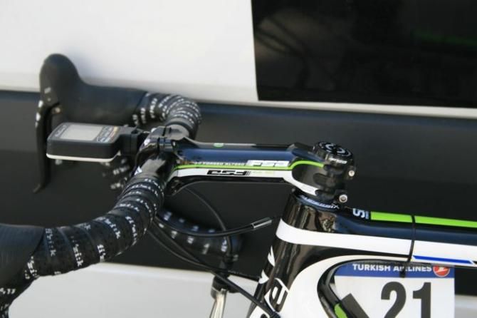 Guillaume Bovin (Cannondale), we&rsquo;re guessing is pretty flexible: stem slammed and bars displaying a massive drop