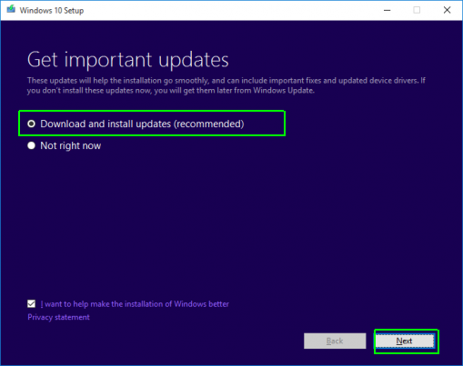 select download and install updates and click Next