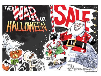 Editorial cartoon Halloween Christmas shopping