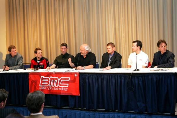 The assembled VIPs included BMC's Andy Rihs (pointing), Floyd Landis (right) and Davis Phinney (far right).