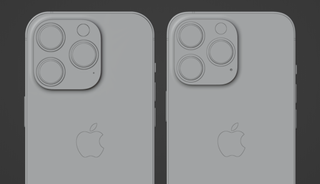 A CAD render of the iPhone 13 Pro (right) and iPhone 14 Pro side-by-side