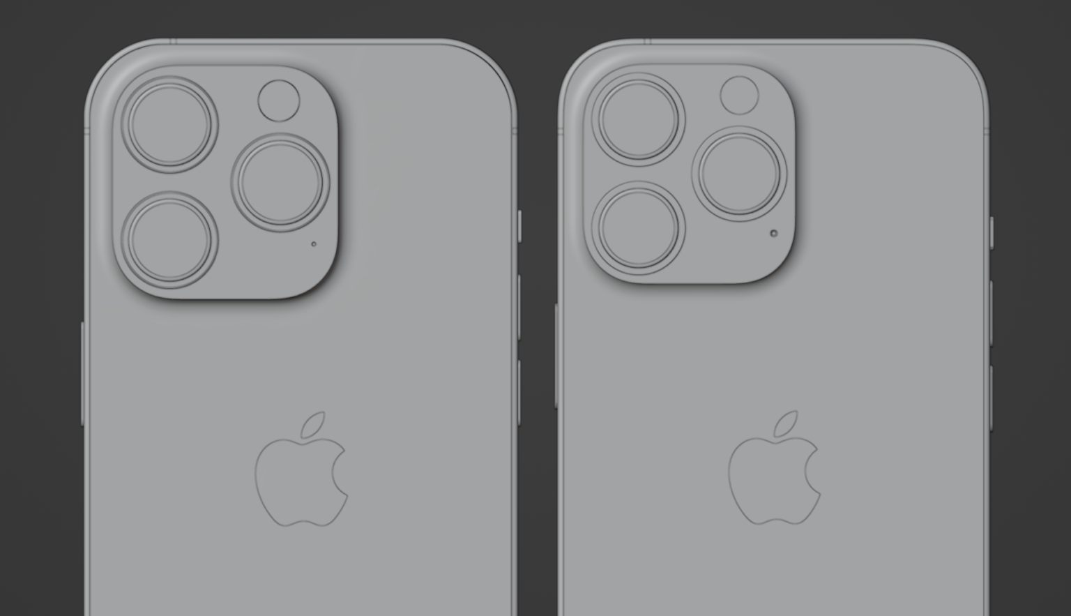 A CAD rendering of iPhone 13 Pro (right) and iPhone 14 Pro side by side
