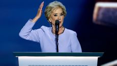 linda mcmahon at a podium in a lilac suit giving a speech at the 2024 republican national convention