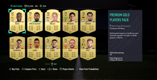An image of a PS4 interface for Fifa Ultimate Team highlighting new loot boxes that players can see inside.