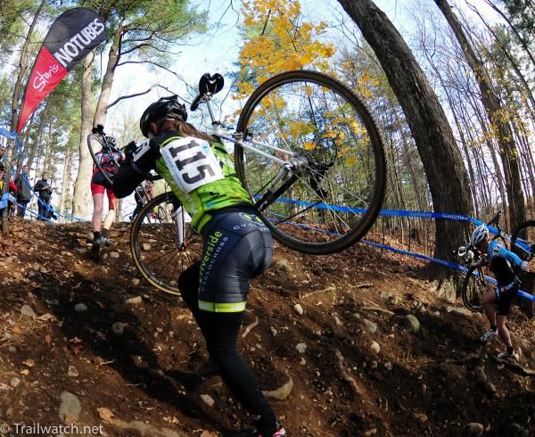 Karin Holmes (Riverside Racing) on the steep, loose run-up