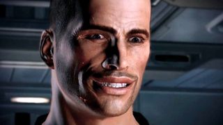 Commander Shepard smiles bizarrely in Mass Effect