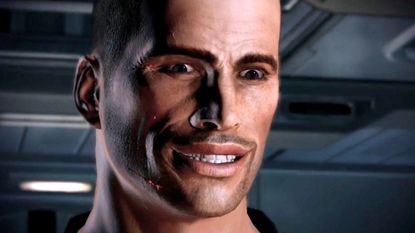 Commander Shepard smiles bizarrely in Mass Effect