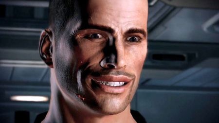 Commander Shepard smiles bizarrely in Mass Effect