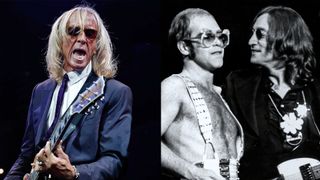 LEFT: Davey Johnstone performs at The University Of South Florida Sundome on September 14, 2012 in Tampa, Florida. RIGHT: John Lennon (right) makes a surprise appearance at a concert by Elton John at Madison Square Garden, New York City, 28th November 1974. 