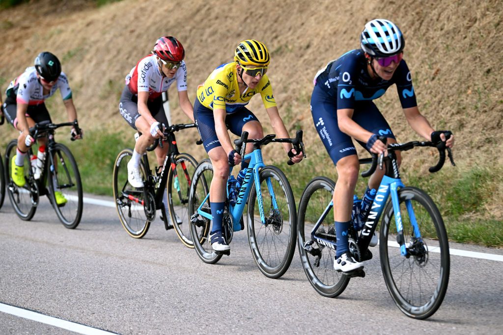PLANCHE DES BELLES FILLES FRANCE JULY 31 Annemiek Van Vleuten of Netherlands and Movistar Team Yellow Leader Jersey C competes dropped from The Peloton during the 1st Tour de France Femmes 2022 Stage 8 a 1233km stage from Lure to La Super Planche des Belles Filles TDFF UCIWWT on July 31 2022 in Planche des Belles Filles France Photo by Dario BelingheriGetty Images