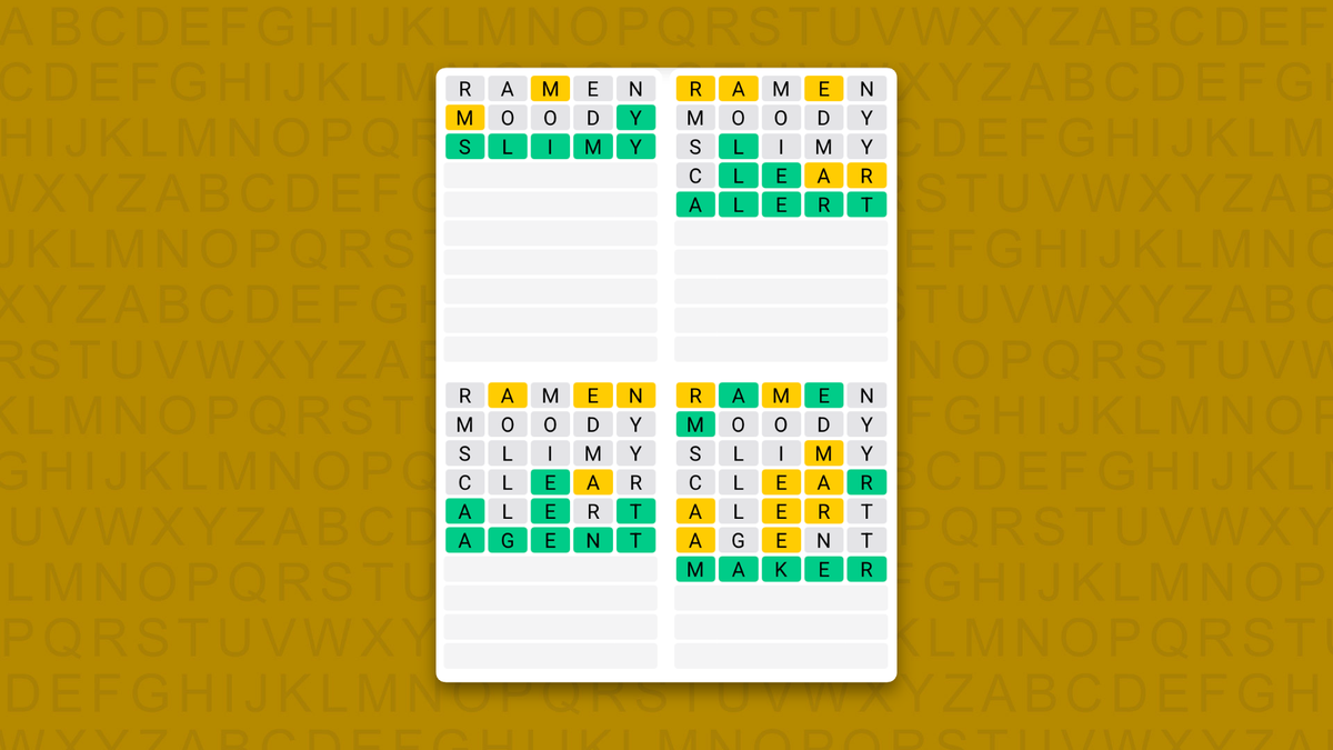 Quordle Daily Sequence answers for game 1732 on a yellow background