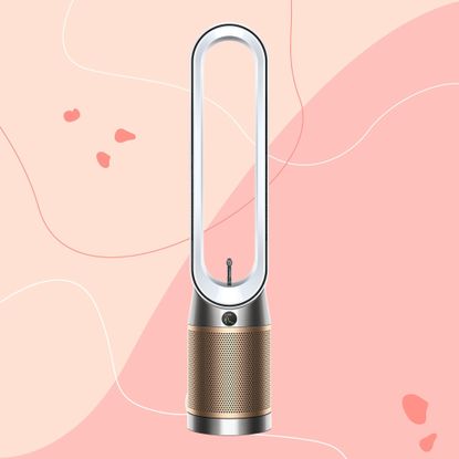 Dyson Find+Follow Purifier Cool on a pink background