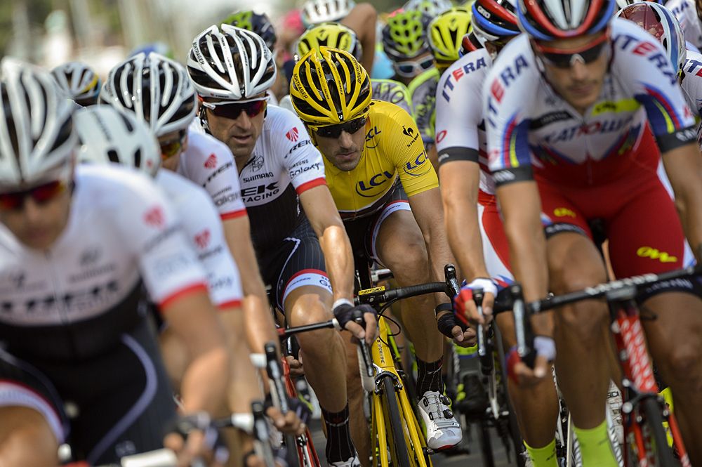 Race leader Fabian Cancellara tucked in on the Trek train