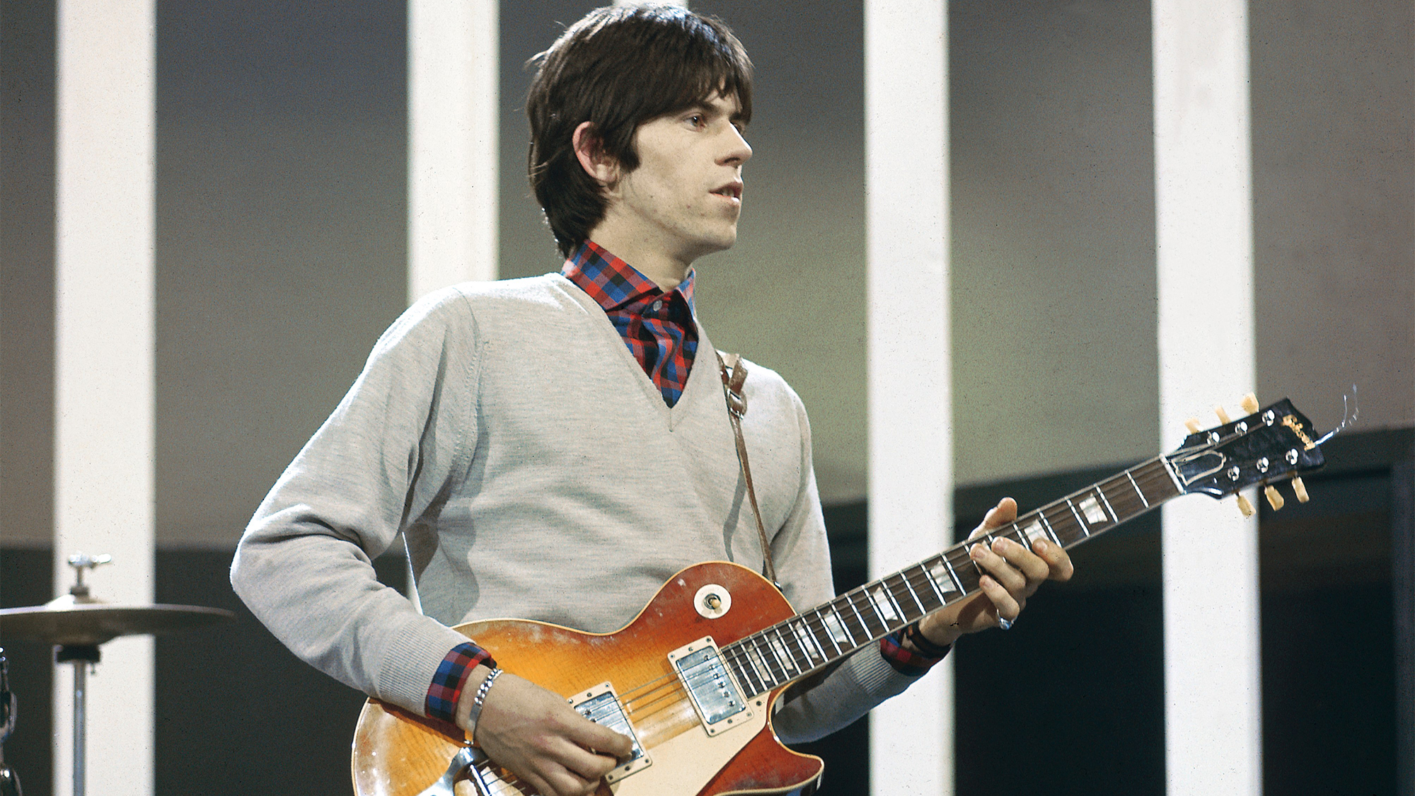 Keith Richards plays a Gibson Les Paul guitar with Bigsby Vibrato on the set of the ABC Television pop music television show Thank Your Lucky Stars, 21st March 1965.