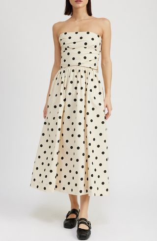 Josephine Polka Dot Strapless Cotton Midi Dress