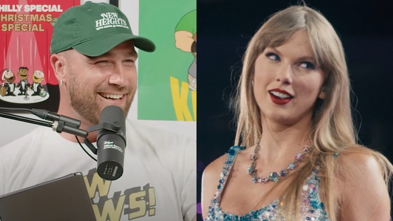 From left to right: Travis Kelce smiling on New Heights and Taylor Swift smiling and looking over her right shoulder during the Eras Tour.