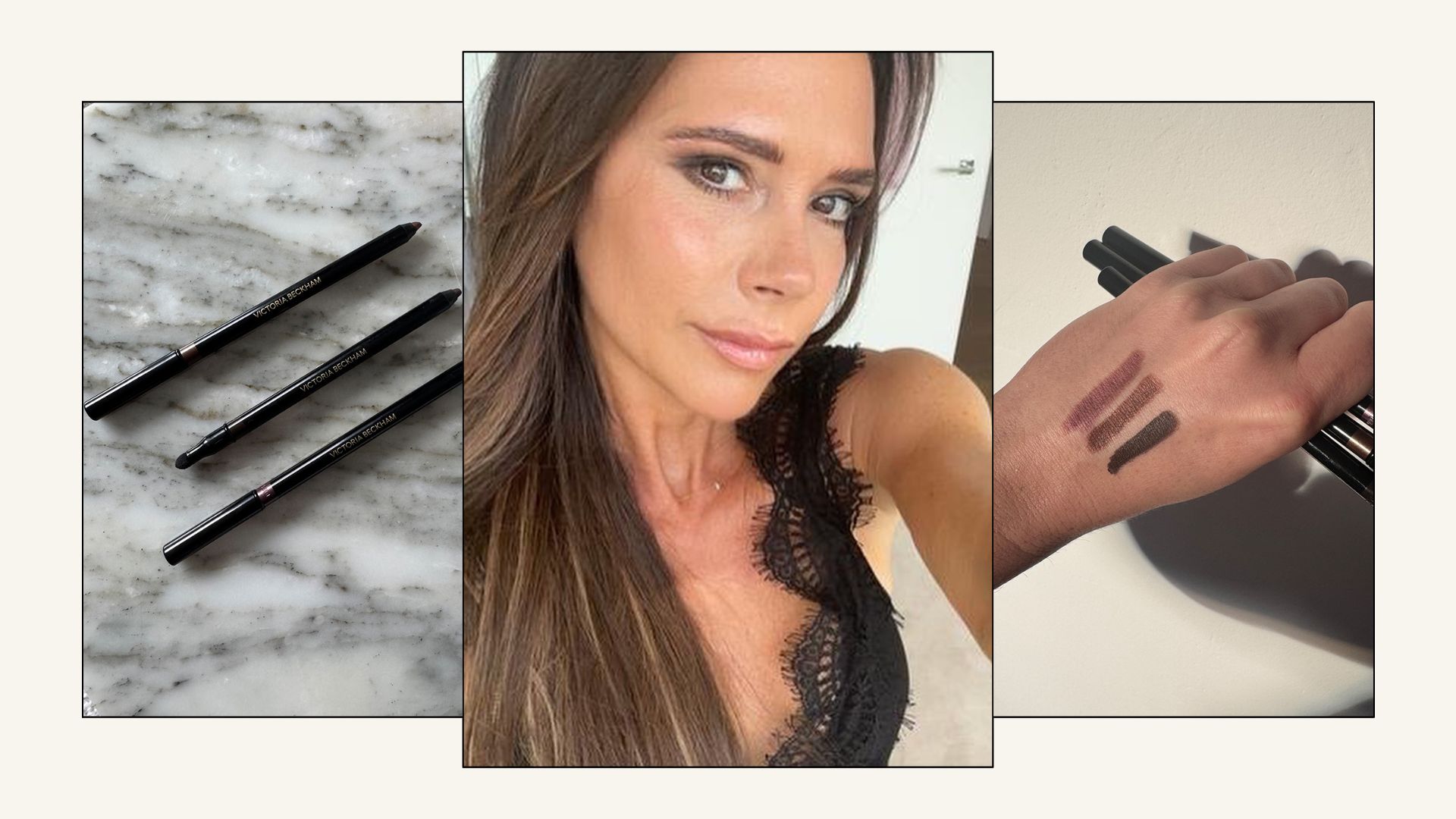 Collage with selfie of Victoria Beckham, and photos of the Victoria Beckham Beauty satin kajal eyeliners with swatches