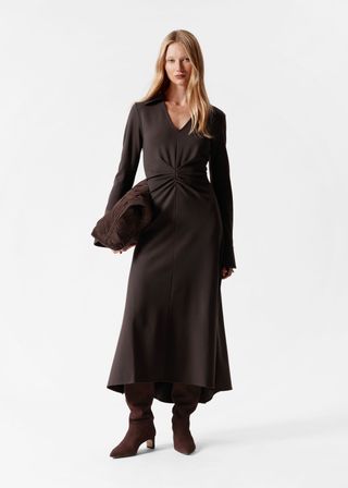 Ruched-Waist Midi Shirt Dress