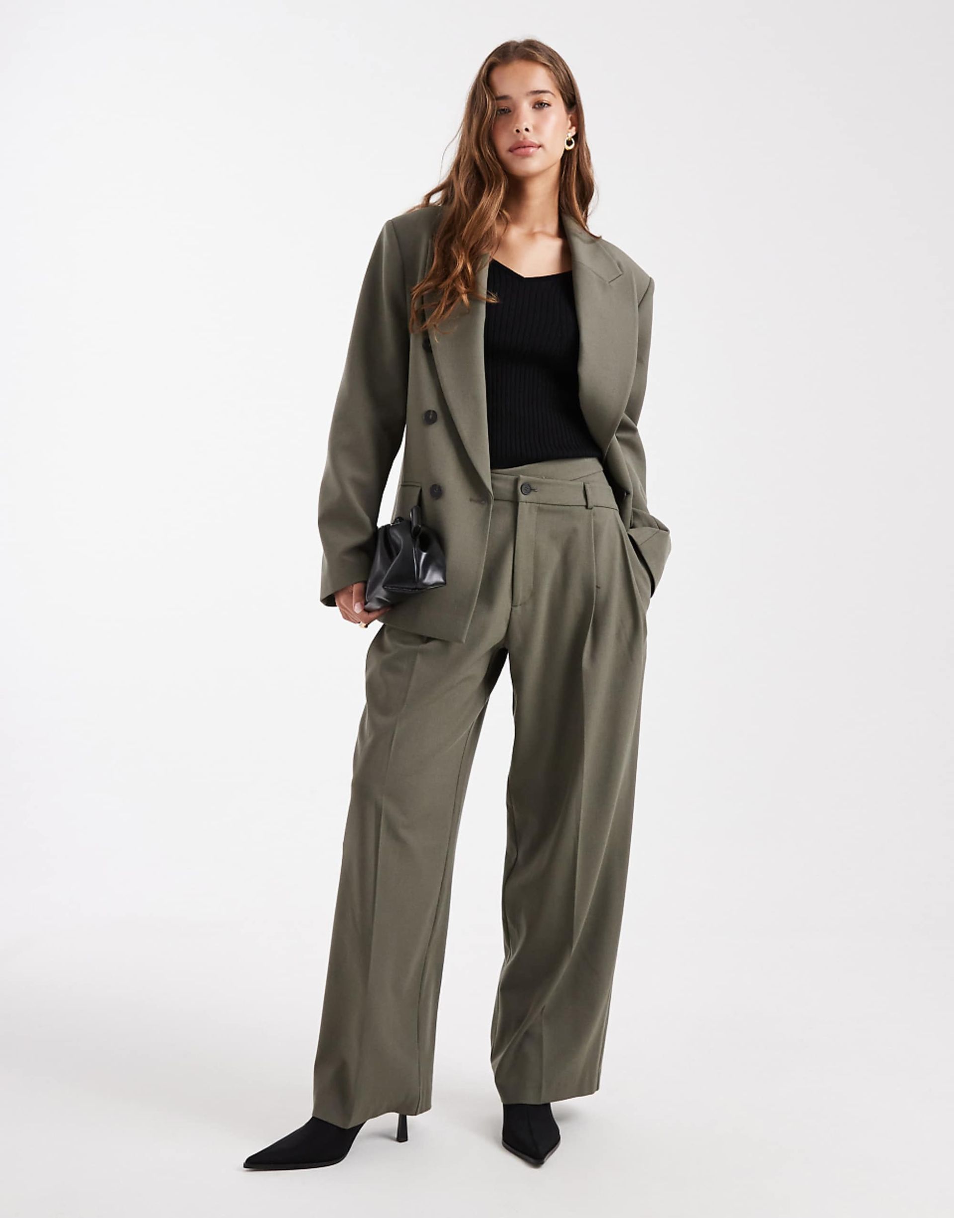 Asos Design Tailored Low Rise Wide Leg Trousers With Asymmetric Waistband Co-Ord in Olive