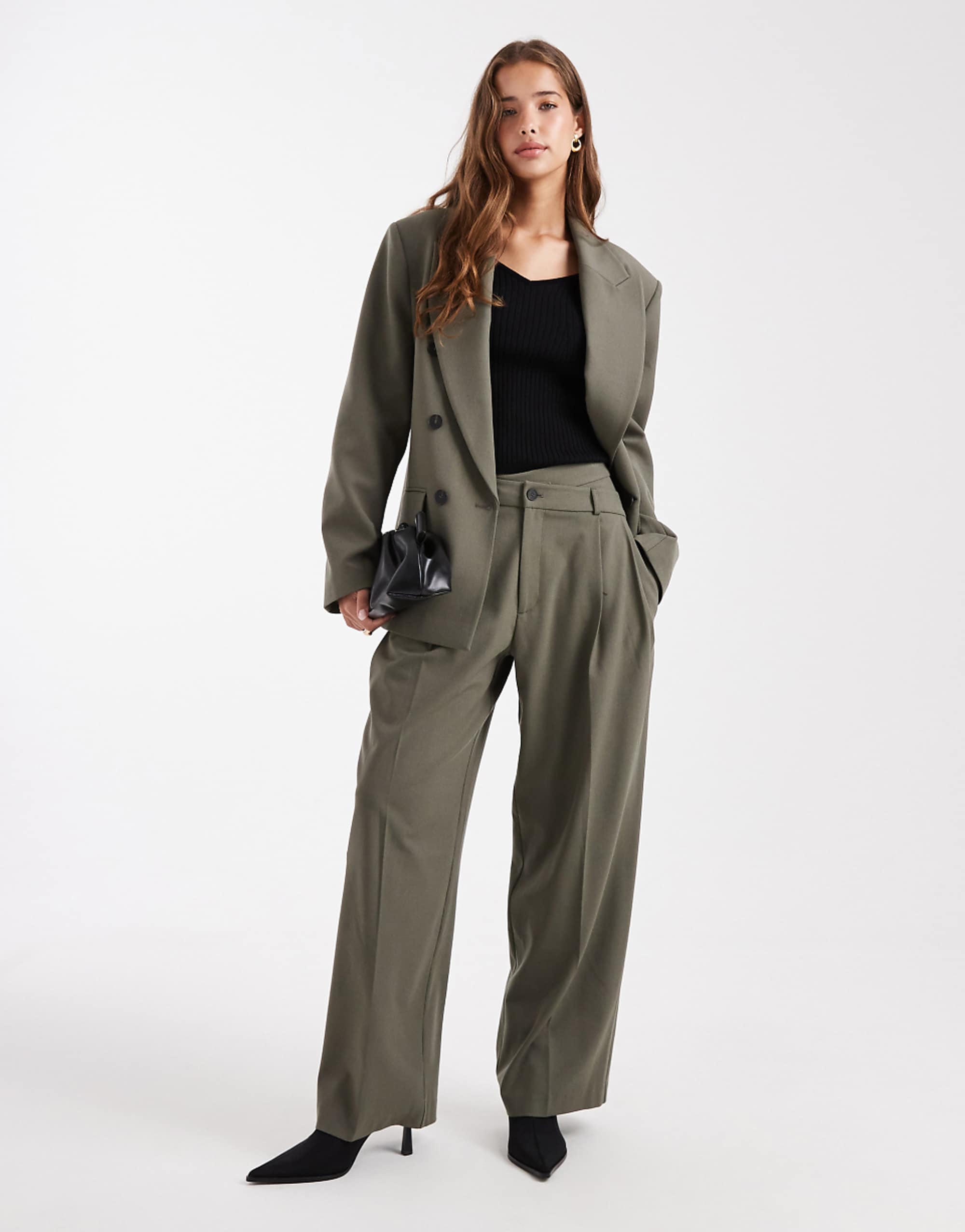 Asos Design Tailored Low Rise Wide Leg Trousers With Asymmetric Waistband Co-Ord in Olive