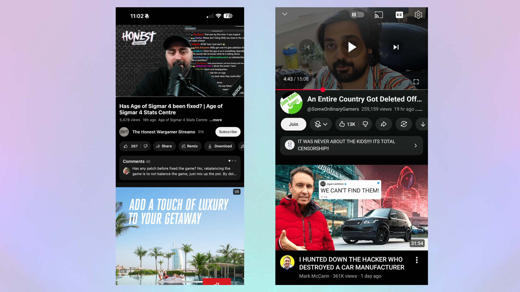 Two versions of the YouTube app UI, with the right being the &quot;new look&quot;