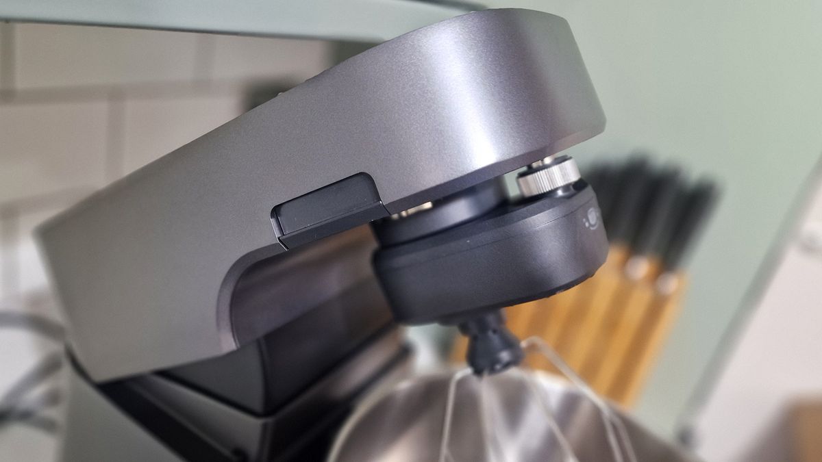 The Ooni Halo Pro Spiral mixer being tested in a green and white kitchen
