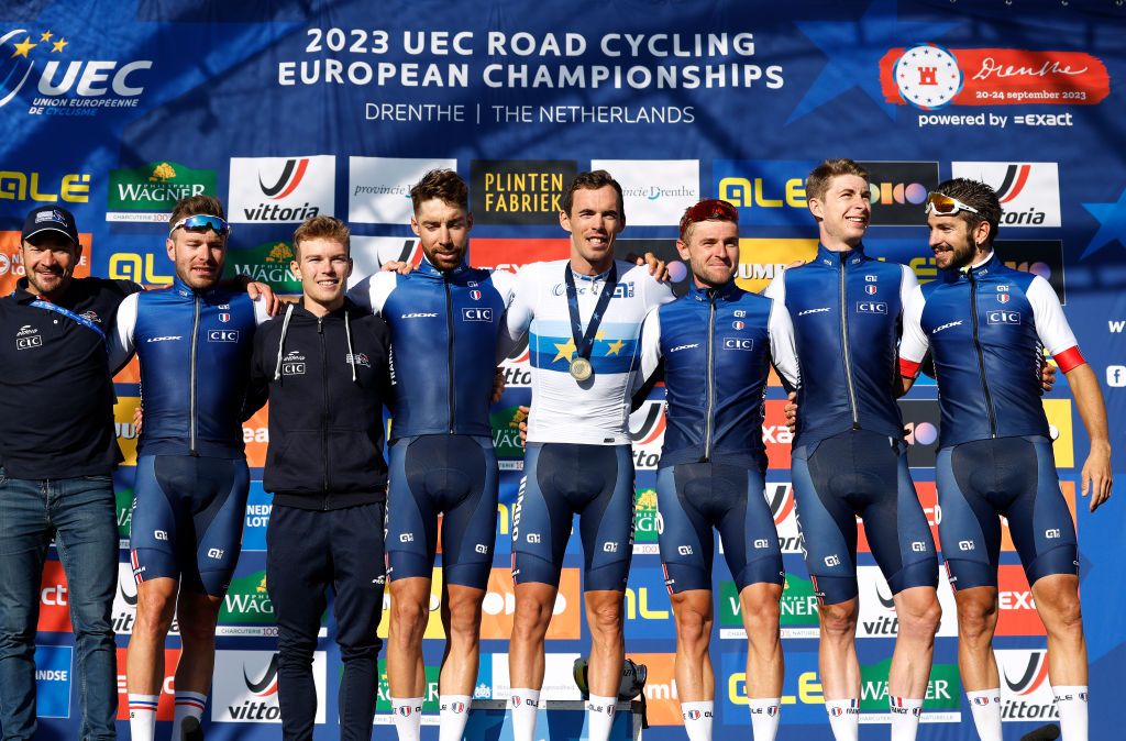 COL DU VAM NETHERLANDS SEPTEMBER 24 Arnaud Demare of France Sandy Dujardin of France race winner Christophe Laporte of France Matis Louvel of France Clment Russo of France Florian Senechal of France Anthony Turgis of France Axel Zingle of France and France Team staff members pose on the podium during the medal ceremony after the 29th UEC Road Cycling European Championships 2023 Elite Mens Road Race a 1998km one day race from Assen to Col du VAM UCIWT on September 24 2023 in Col du VAM Netherlands Photo by Bas CzerwinskiGetty Images
