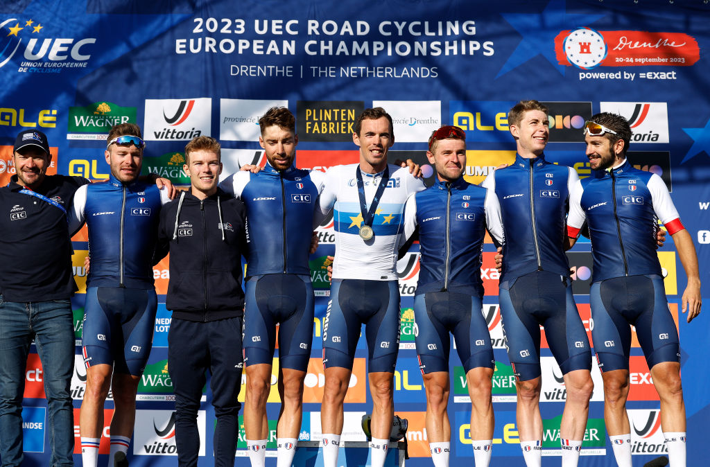 COL DU VAM NETHERLANDS SEPTEMBER 24 Arnaud Demare of France Sandy Dujardin of France race winner Christophe Laporte of France Matis Louvel of France Clment Russo of France Florian Senechal of France Anthony Turgis of France Axel Zingle of France and France Team staff members pose on the podium during the medal ceremony after the 29th UEC Road Cycling European Championships 2023 Elite Mens Road Race a 1998km one day race from Assen to Col du VAM UCIWT on September 24 2023 in Col du VAM Netherlands Photo by Bas CzerwinskiGetty Images