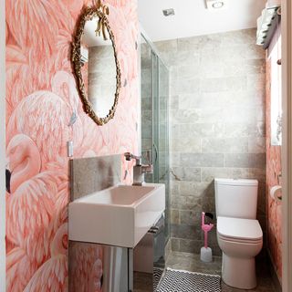 cloakroom with flamingo wallpaper and tiled flooring