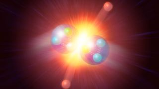 A series of purple and red balls colliding with bright yellow light around them over a red background