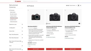 Website listing of Canon refurbished cameras