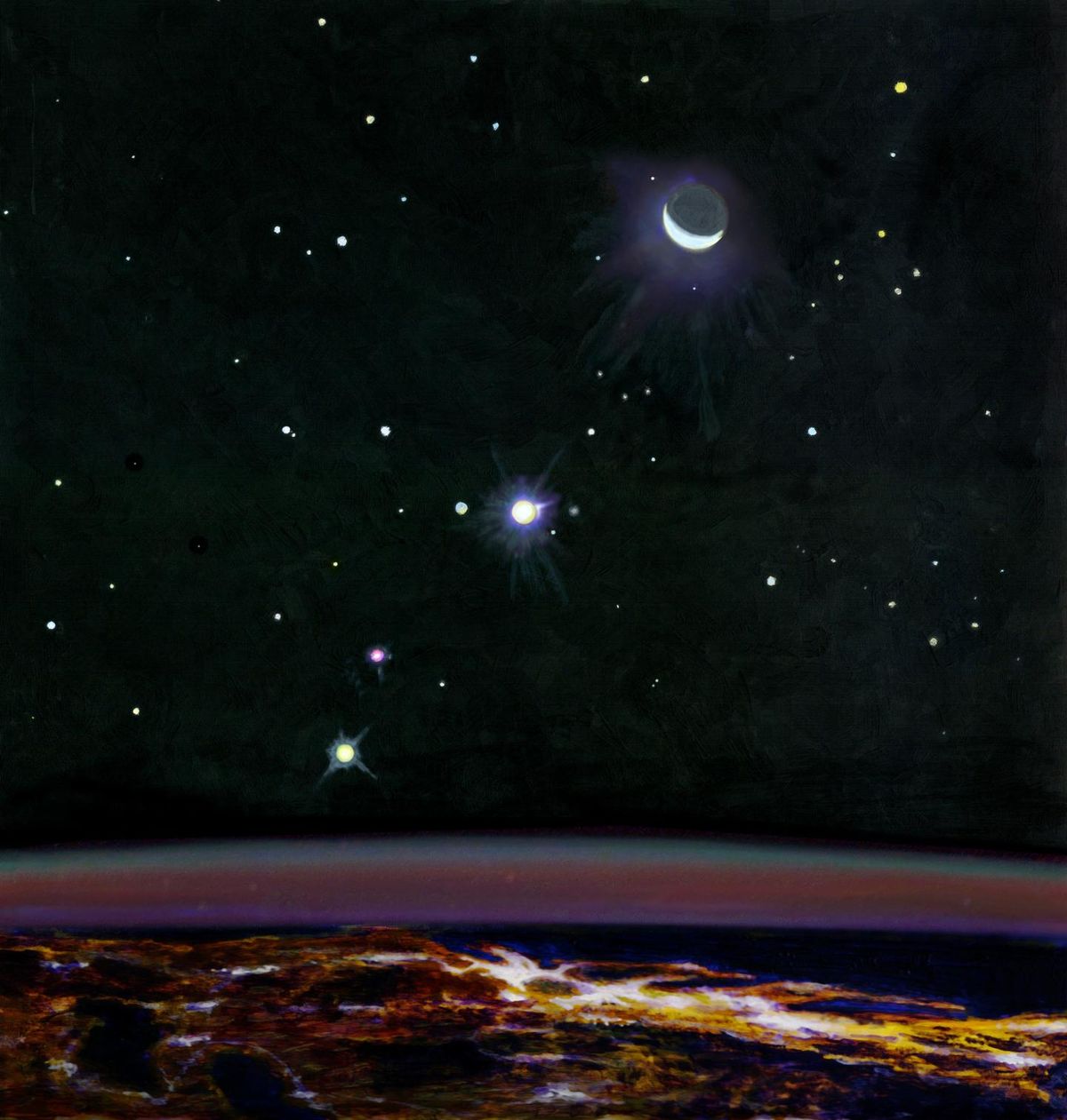 An artist&#039;s depiction of the night sky on Oct. 7, 2015, inspired by a photograph taken by NASA astronaut Scott Kelly aboard the International Space Station. On this night, Jupiter, Mars and Venus lined up in the night sky with the crescent moon.