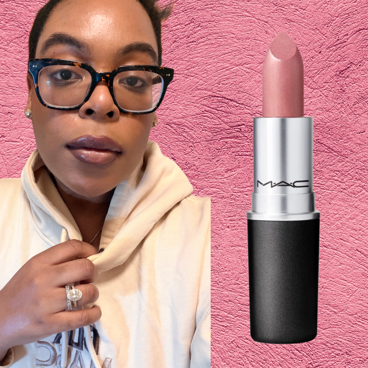 A woman wearing glasses and an off-white colored hoodie next to a lipstick bullet. 
