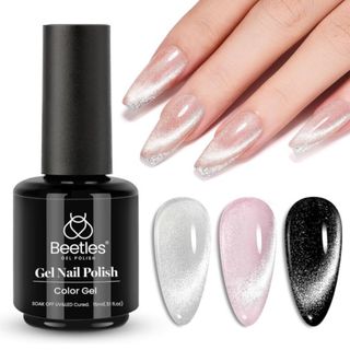 Beetles silver Cat Eye Gel Nail Polish with examples of how it looks on different nail polish colours / on a white background