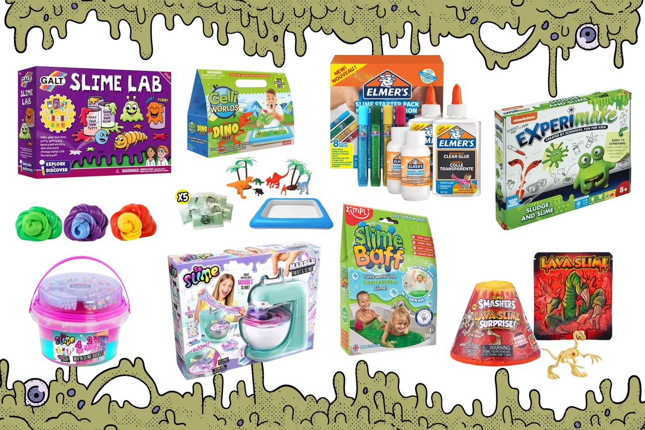 Collage showing the best slime toys, including Slime Baff, Smashers Lava Slime Surprise and Galt&#039;s Slime Lab