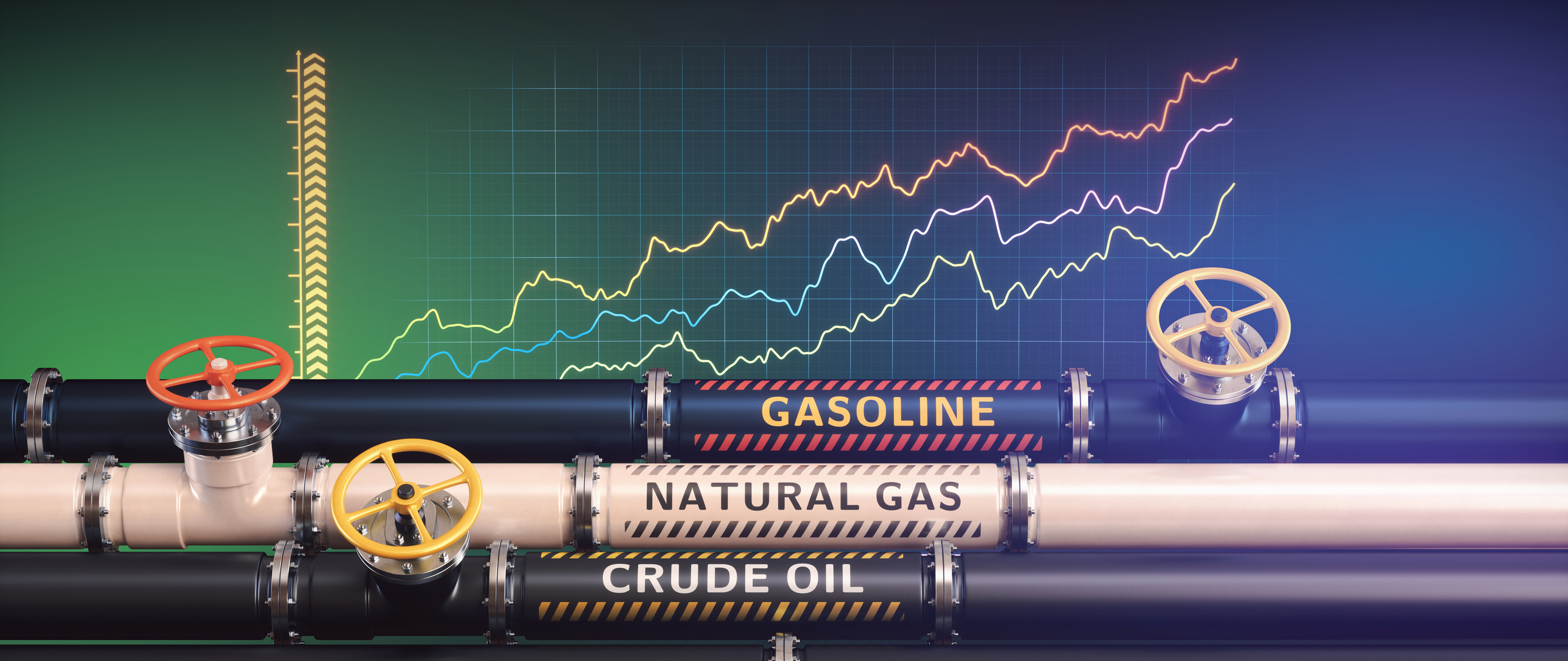 Gasoline, natural gas and crude oil pipes with a line graph