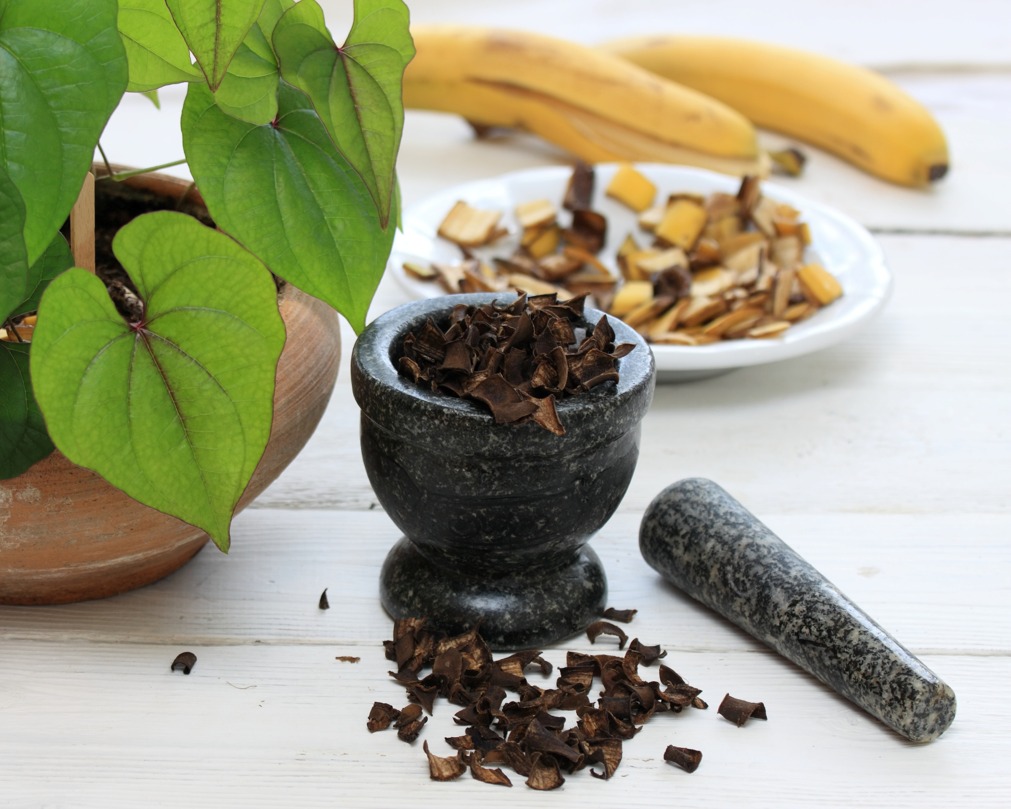 Dried banana peels in mortar and pestle
