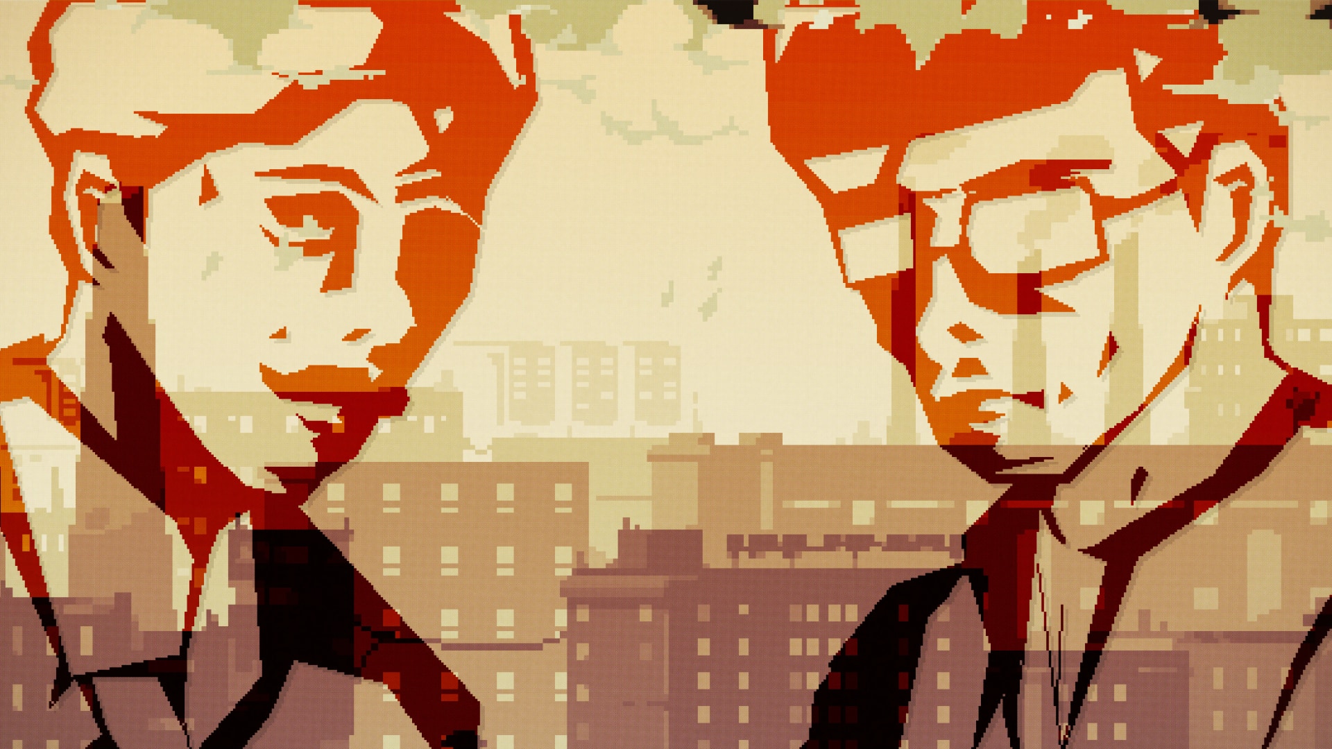 The silhouettes of two men over a city backdrop.