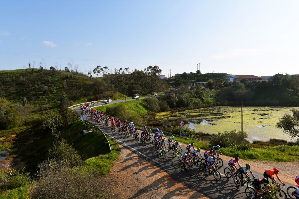 LAGOS PORTUGAL FEBRUARY 19 Peloton Landscape during the 46th Volta ao Algarve 2020 Stage 1 a 1956km stage from Portimo to Lagos VAlgarve2020 on February 19 2020 in Lagos Portugal Photo by Tim de WaeleGetty Images