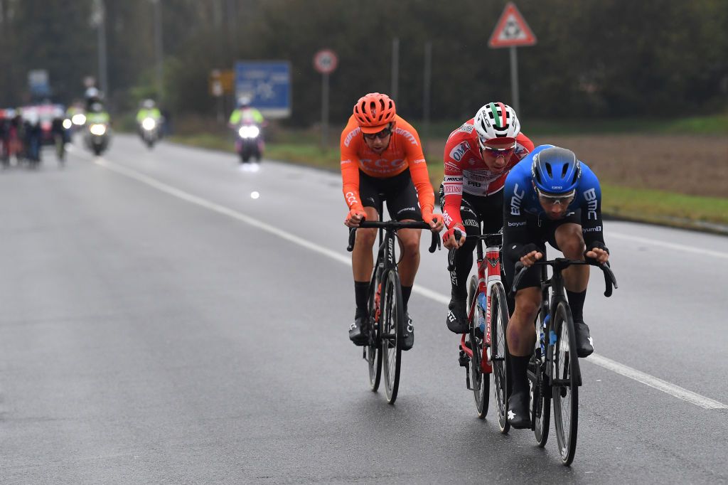 ASTI ITALY OCTOBER 23 Josef Cerny of Czech Republic and CCC Team Simon Pellaud of Switzerland and Team Androni Giocattoli Sidermec Victor Campenaerts of Belgium and NTT Pro Cycling Team Breakaway during the 103rd Giro dItalia 2020 Stage 19 a 1245km stage from Abbiategrasso to Asti Stage shortened due to heavy rain girodiitalia Giro on October 23 2020 in Asti Italy Photo by Tim de WaeleGetty Images