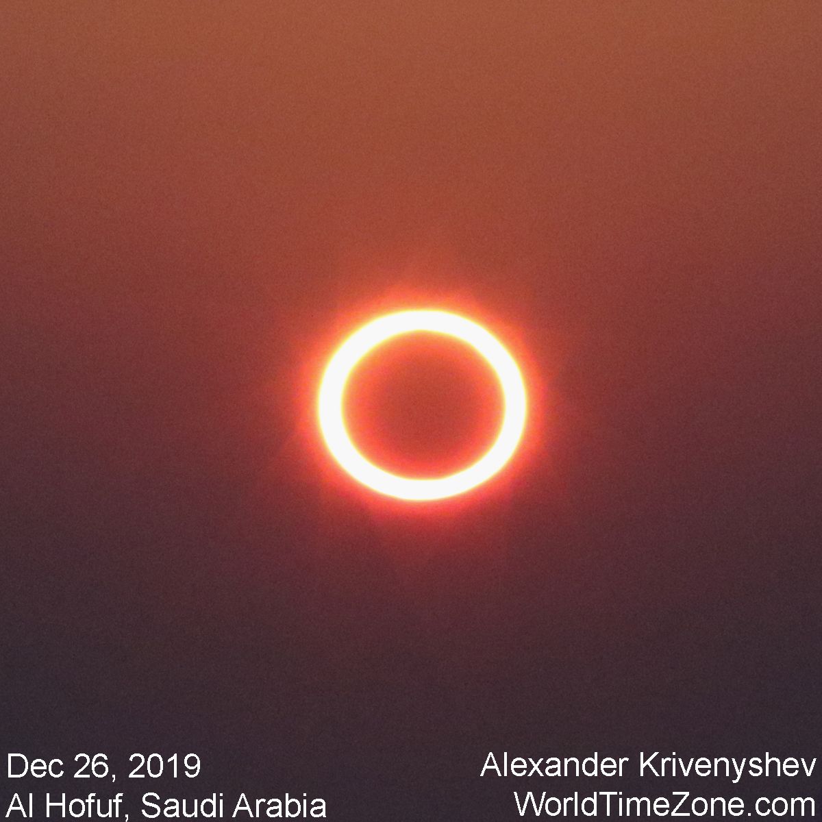 Photographer Alexander Krivenyshev of WorldTimeZone.com captured the "ring of fire" annular solar eclipse of Dec. 26, 2019 fromAl Hofuf in Saudi Arabia.