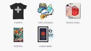RedBubble shop categories of t-shirts, vinyl stickers, device cases, posters & many more shown, with icons for each