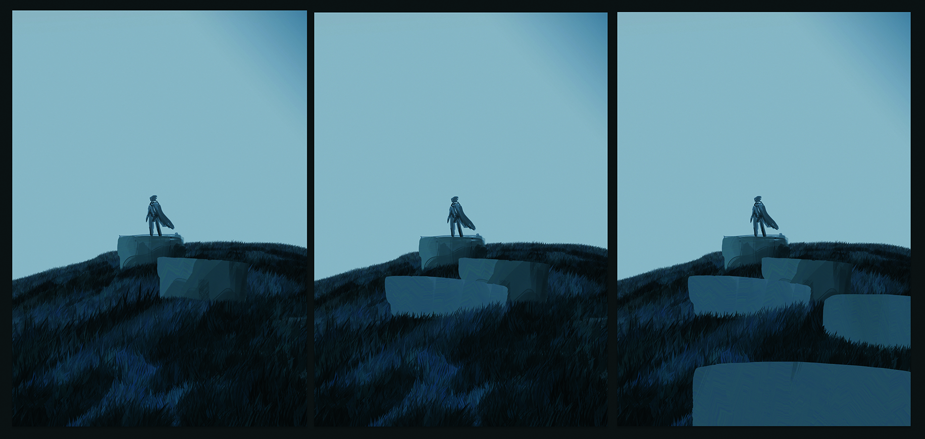 Part of the process of making digital art in Photoshop. The artwork shows a lone figure in a surreal dreamscape