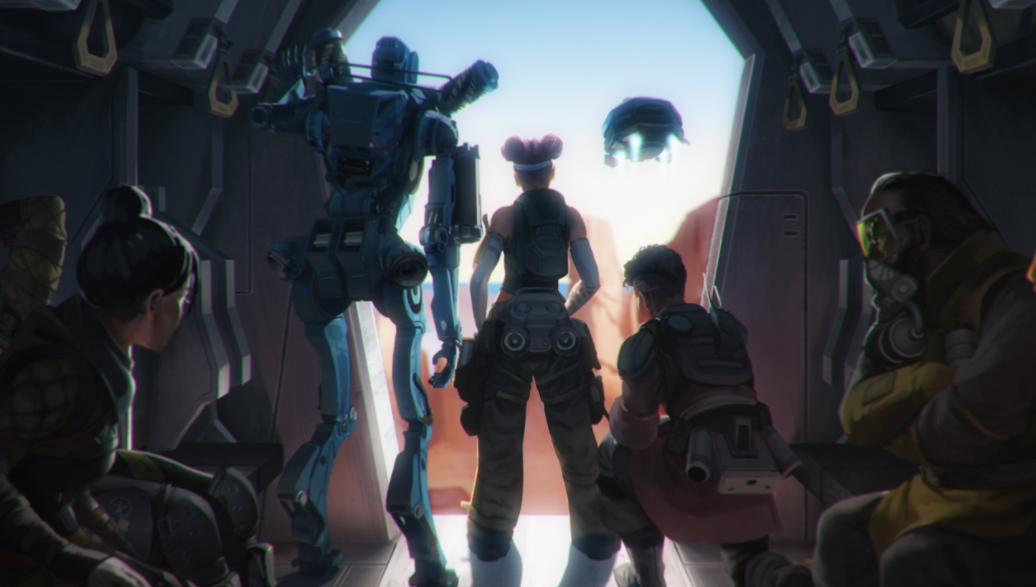 Apex Legends characters look out of a dropship&#039;s doors.