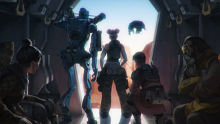 Apex Legends characters look out of a dropship's doors.