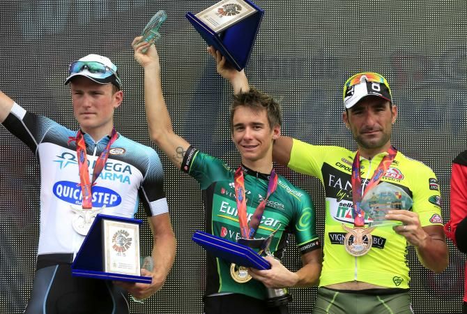Tour de Langkawi Stage 8 podium: Andy Fenn (OQPS), Bryan Coquard (Europcar) and Fracesco Chicchi (Vini Fantini)