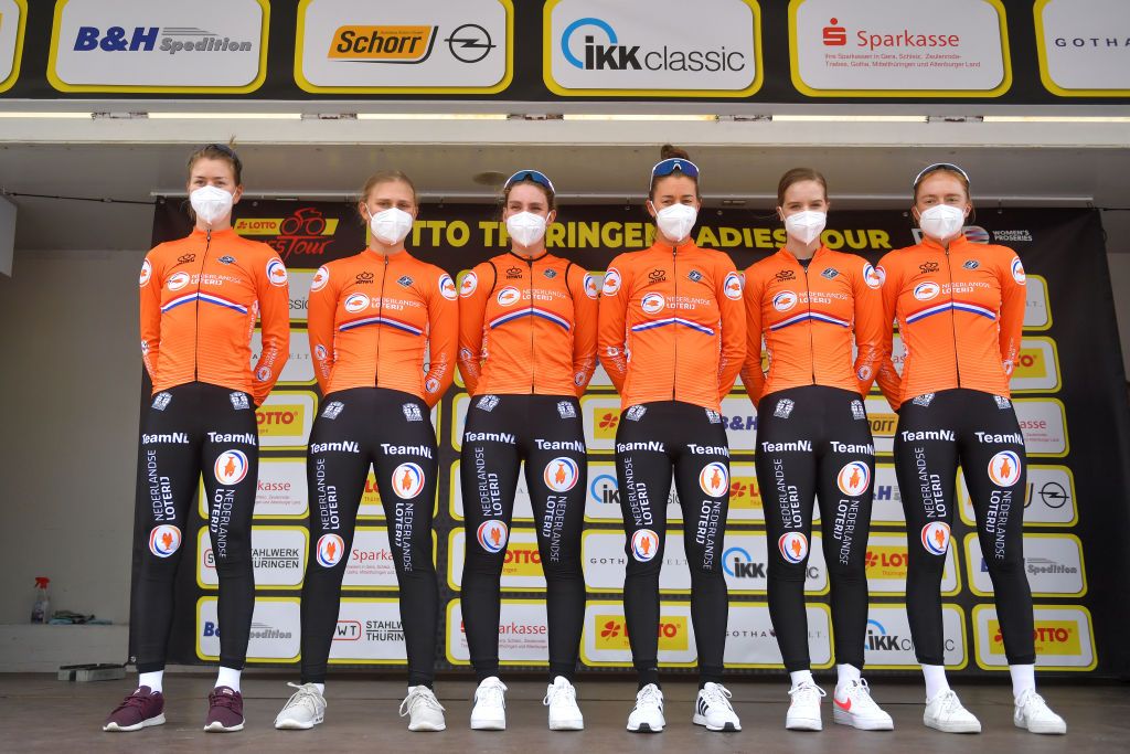 SCHMOLLN GERMANY MAY 25 Rozemarijn Ammerlaan of Netherlands Thalita De Jong of Netherlands Janneke Ensing of Netherlands Ilse Pluimers of Netherlands Ilse Grit of Netherlands Eline Van Rooijen of Netherlands and Team Netherlands at start during the 34th Internationale LOTTO Thringen Ladies Tour 2021 Stage 1 a 899km stage from Schmolln to Schmolln ltlt2021 lottothueringenladiestour womencycling on May 25 2021 in Schmolln Germany Photo by Luc ClaessenGetty Images